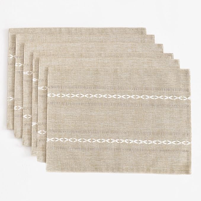 Wracra Cotton Linen Place Mats, Coffee Embroidered Placemats Set of 6 | Placemats 12 x 18 Inch; Cotton Linen Woven Fabric; Heat Resistant Table Mats; Raised Embroidered Hollow Design