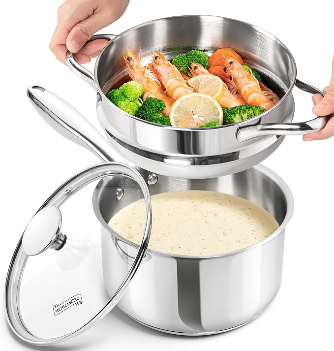 MICHELANGELO Stainless Steel Sauce Pan with Lid, 2.5 Quart Sauce Pan with Steamer Insert, Induction Saucepan, 2.5 Qt Stainless Steel Pot with Lid, Dishwasher & Oven Safe