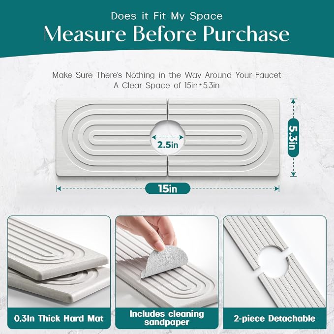 Faucet Mat for Kitchen Sink - Wider Diatomite Fast Drying Stone Sink Tray, Super Absorbent, Prevents Moisture Buildup - Faucet Splash Guard for Bathroom Counter (Light Grey, 15x5.3inch)