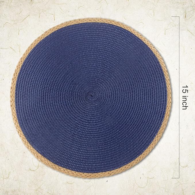 Round Placemats Set of 6, Woven Table Mats, Thin Edge, Navy Blue | Braided Paper Edge, 15 Inch Diameter, Fits Dinner Plate and Flatware, Wipeable, Heat Resistant, Indoor Dining, Outdoor Patio