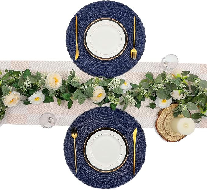 SHACOS Round Placemats Set of 6 Braided Border Fabric Woven Table Mats Washable 15 inch Circle Place Mats for Dining Table, Navy Blue (Pack of 2)