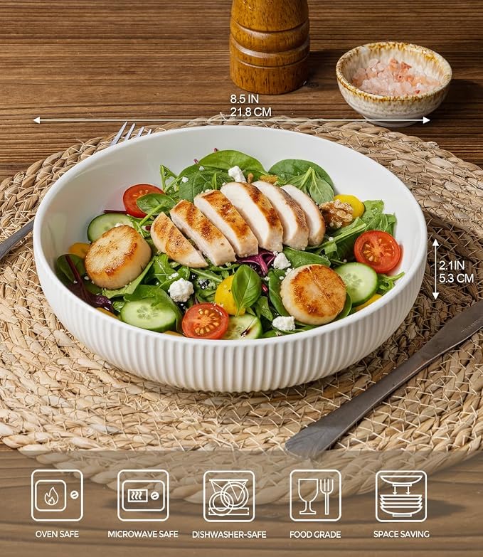 8.5" Ceramic Pasta Bowls Set of 4, Salad Bowls | Versatile Serving Bowls for Pasta, Salad, Fruit & Noodles, Housewarming & Wedding Gift, Bright White