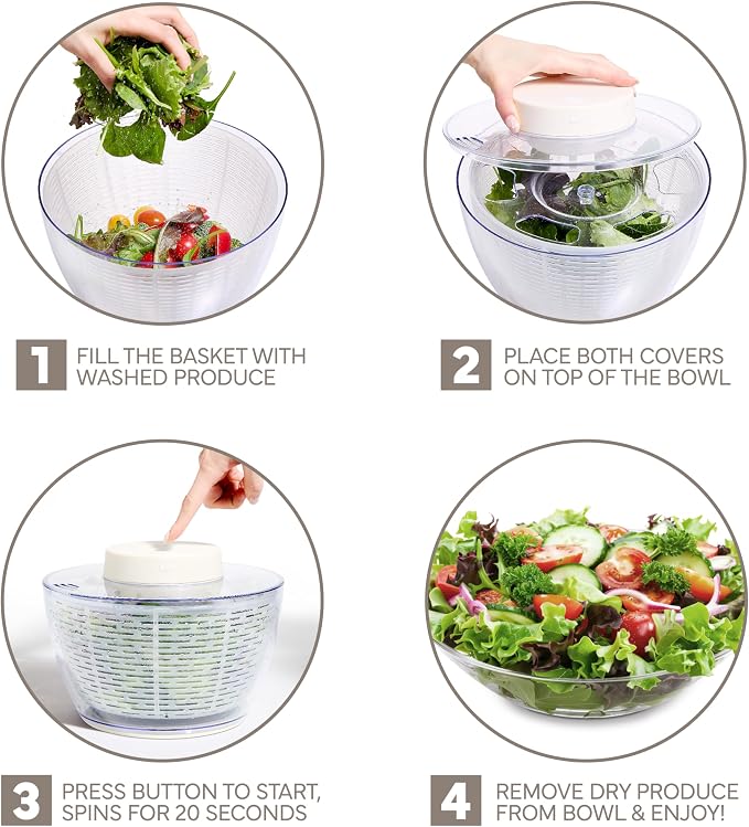 COOK WITH COLOR Electric Salad Spinner, Round 4.5L Capacity – Fast Drying & Easy Spin for Fresh Greens, Cream