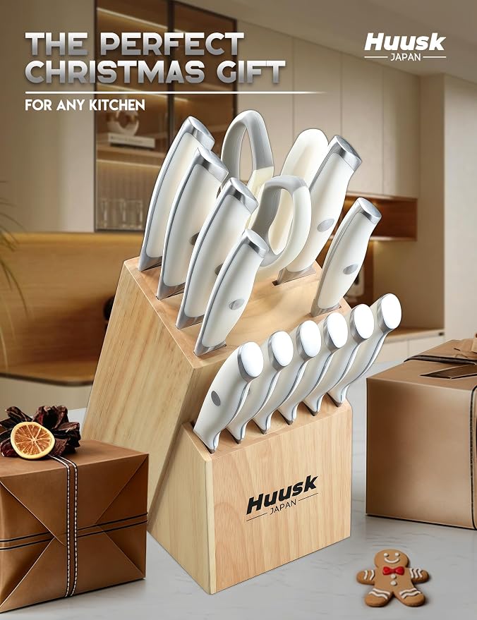 Huusk Knife Set with Block - Chef Knife with Natural Block Ivory White 14PC | Japanese Stainless Steel, Long-lasting Edge, All-in-One for Daily Use, Housewarming Gift for Women Men