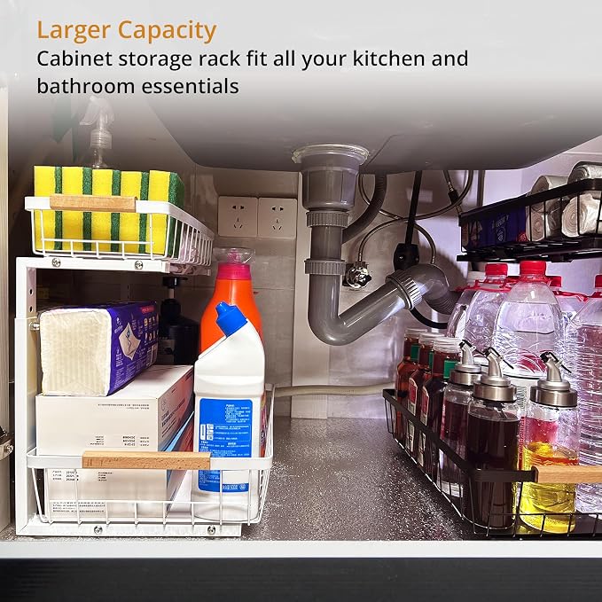 Under Sink Organizer, 2 Tier Pull Out Cabinet Organizers and Storage for Kitchen Bathroom Pantry Laundry, Adjustable Height, Slide Out Thickened Metal Storage Shelf (White, 1 Pack)