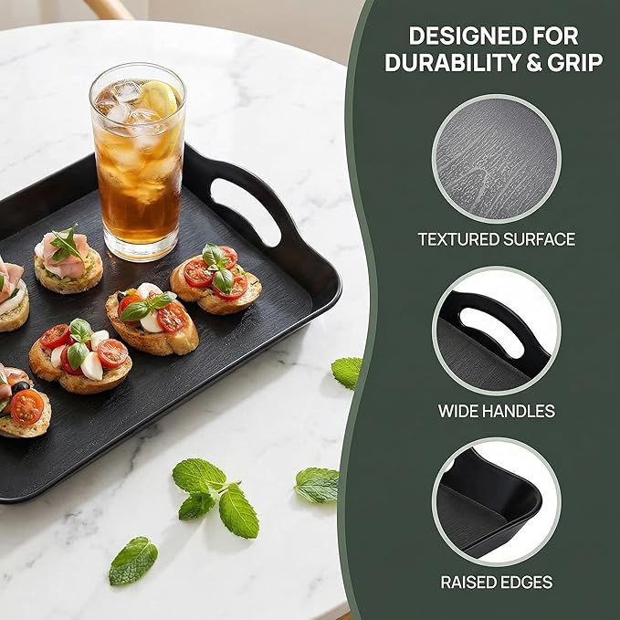 Cedilis 3 Pack Black Serving Trays with Handles,16 x 11IN Rectangular Non Skid Multi-Purpose Plastic OttomanTray for Restaurant, Parties, Coffee Table, Kitchen