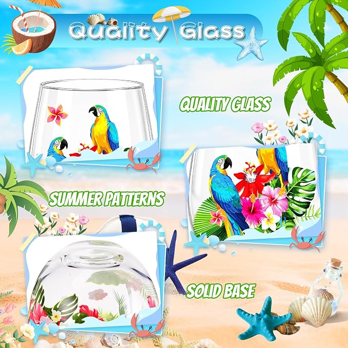 Nuogo 4 Set Summer Tropical Stemless Wine Glasses 17oz Flamingo Parrot Wine Tumblers Hawaii Colorful Flower Leaves Glass Cups Gift for Tiki Luau Party Pool Birthday