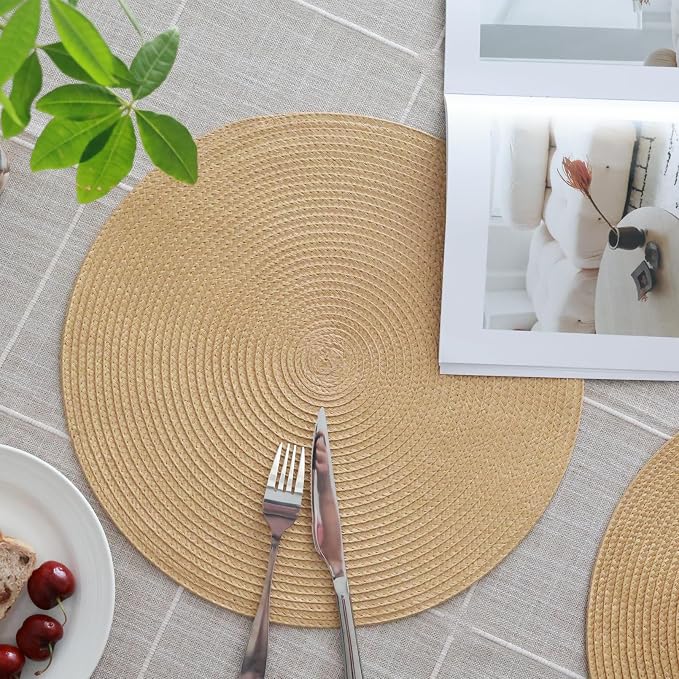 Winknowl Round Braided Placemats Set of 6 Washable Woven Heat Resistant Table Mats for Kitchen Dining Tables 15 inch Round Place Mats (Camel,6pcs)