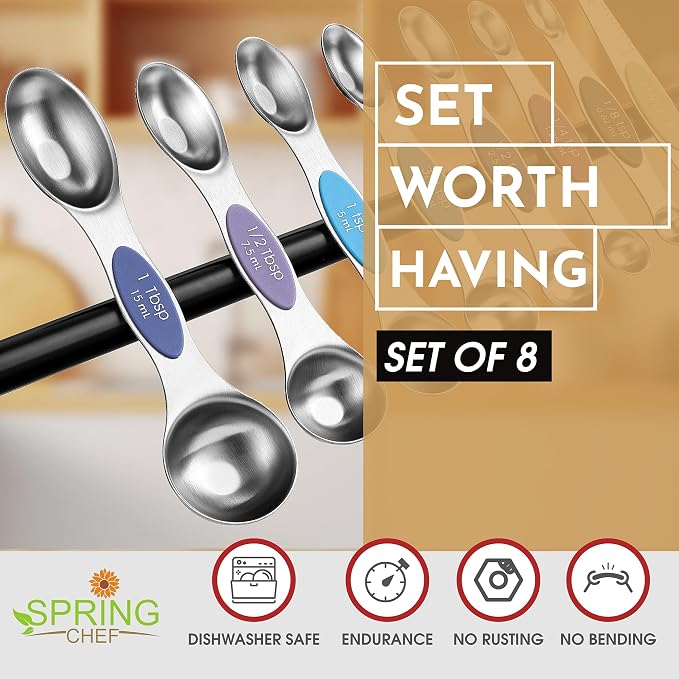 Spring Chef Stainless Steel 8 Magnetic Measuring Spoons Set, Winter Frost | Dual Sided Metal Teaspoon & Tablespoon Measuring Spoons with Leveler for Dry & Liquid Ingredients, Fits in Kitchen Spice Jars