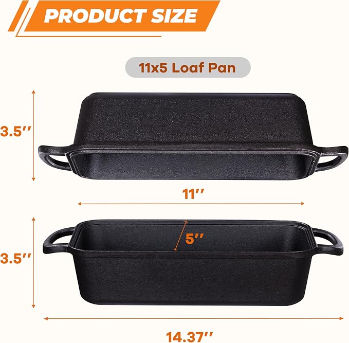 GRMImosa Cast Iron Loaf Pan 11x5 Inch with Lid, 5.8 Qt Bread Pan, Black | Heavy-duty Large Cast Iron Loaf Pan with Lid for Sourdough Bread, 5.8 Qt Pre-Seasoned Baking Pan, Even Heat Distribution