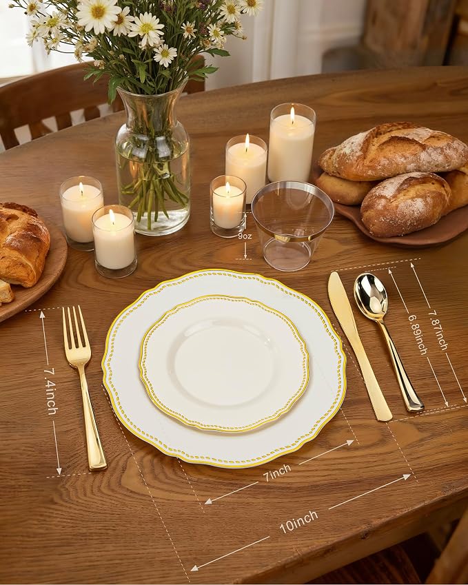 175 Pcs Ivory Gold Plastic Plates Wedding & Party | Gold Plastic Dinnerware Set Includes 25 Dinner Plates, 25 Dessert Dinnerware, 25 Cups, 25 Napkins Perfect