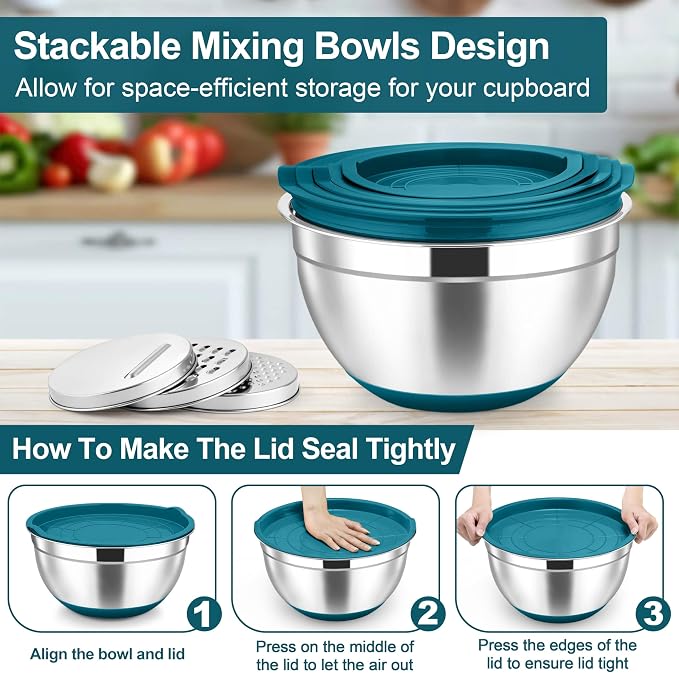 TeamFar Mixing Bowls, Stainless Steel Salad Bowl with Lid & Graters -Blue | 6 PCS for Kitchen Baking Serving Prepping, Container for Dough Veggie Fruit, Non-Slip & Nesting, 4.6 /3.5 /2 /1.5 /1 /0.7 QT