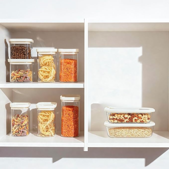 Glass Food Storage Jar with Glass Lid in Square Shape, Food Canister Set with Airtight Lids, Pantry Jars for Kitchen Organization, Food Storage Containers in Set of 6