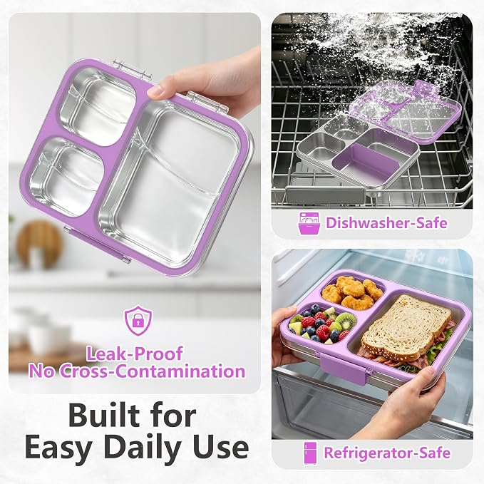 LOHASOK Stainless Steel Bento Lunch Box, 34oz/1000ml,Purple | 3-Compartment, Leak Proof, Lightweight, Clear Plastic Lid, for Kids Adults, BPA/BPS Free, Dishwasher Safe