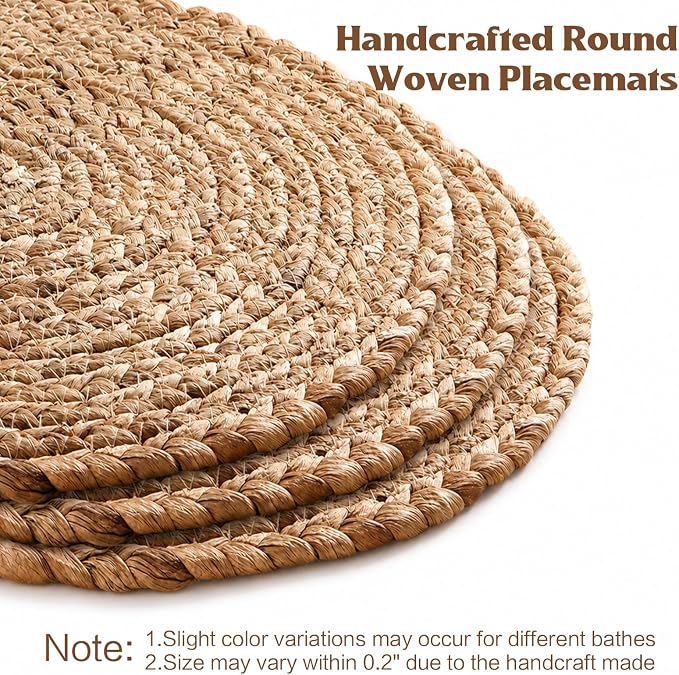 Aofmee 12 inch Round Woven Placemats Set of 6, Boho Rattan Place Mats, Natural Water Hyacinth Table Placemats, Farmhouse Weave Table Mats, Rustic Braided Wicker Charger Plates for Dining Table Decor