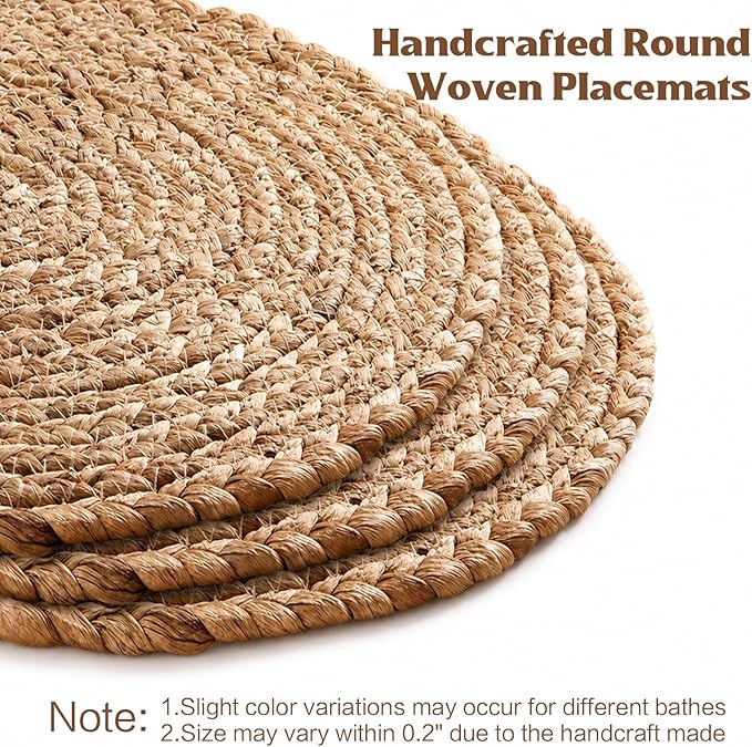 Aofmee 12 inch Round Woven Placemats Set of 10, Boho Rattan Place Mats, Natural Water Hyacinth Table Placemats, Farmhouse Weave Table Mats, Rustic Braided Wicker Charger Plates for Dining Table Decor