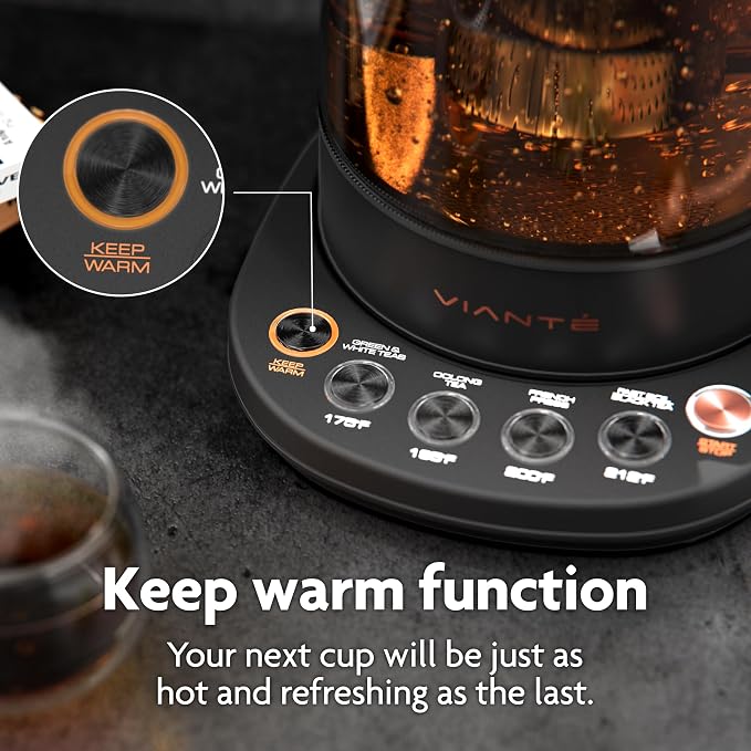 Viante Alba Electric Tea Kettle With Infuser, No Plastic, 1.5L, Black | Borosilicate glass & 304 stainless steel construction. 4 temp presets, keep-warm, cordless, auto shut-off