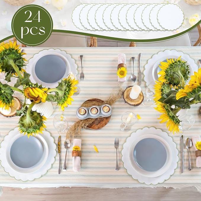 Set of 24 White Cotton Placemats 15" Round Scalloped Green | Double Layered Cotton Fabric, Washable Embroidery, Green Edge Edge, Rustic Table Mats for Wedding Dining Table Decor