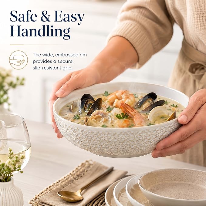8 inch Pasta Bowls, 22 Oz Ceramic Serving Bowls Set of 4, Embossed Porcelain Salad Bowl, Serving Dishes for Pasta, Salad, Soup, Fruit, Housewarming Gift, Wedding Decor, Oven & Dishwasher Safe