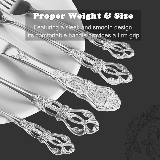 Runfly Gorgeous Retro Royal Silver Stainless Steel 48-Piece Flatware Set | Silverware Set for 8, Anti-rust Cutlery Set Utensils Kitchen Including Fork Spoon and Knife