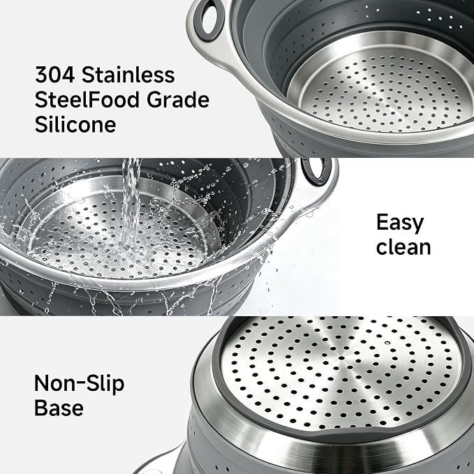 Mejoncb Collapsible Colander – Platinum Silicone Strainer with Stainless Steel Base, BPA-Free & Heat Resistant Kitchen Drain Basket (Gery)