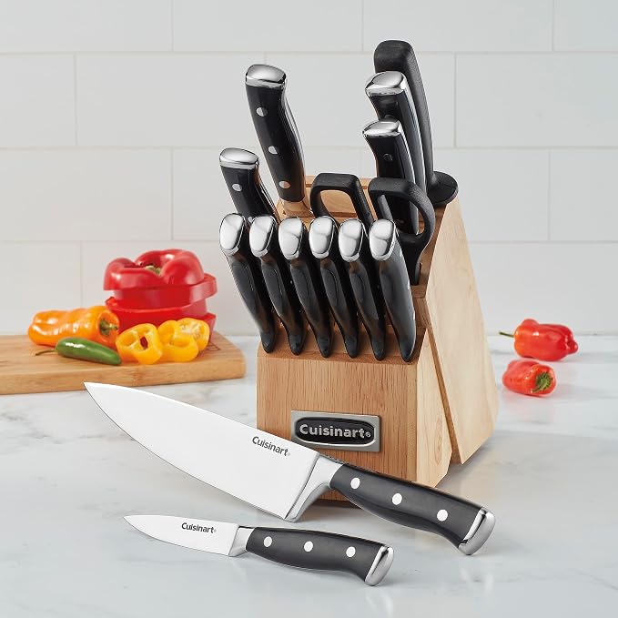 CUISINART Block Knife Set, 15pc Cutlery Knife Set with Steel Blades for Precise Cutting, Lightweight, Stainless Steel, Durable & Dishwasher Safe, C77BTR-15P (Pack of 2)