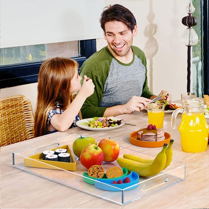 NIUBEE Acrylic Serving Tray 12x20 Inches -Spill Proof- Clear Decorative Tray Organiser for Ottoman Coffee Table Countertop with Handles | Spill-Proof tray for Coffee Table, Ottoman | Decorative Tray for Breakfast in Bed, Drink Serving & Home Organization