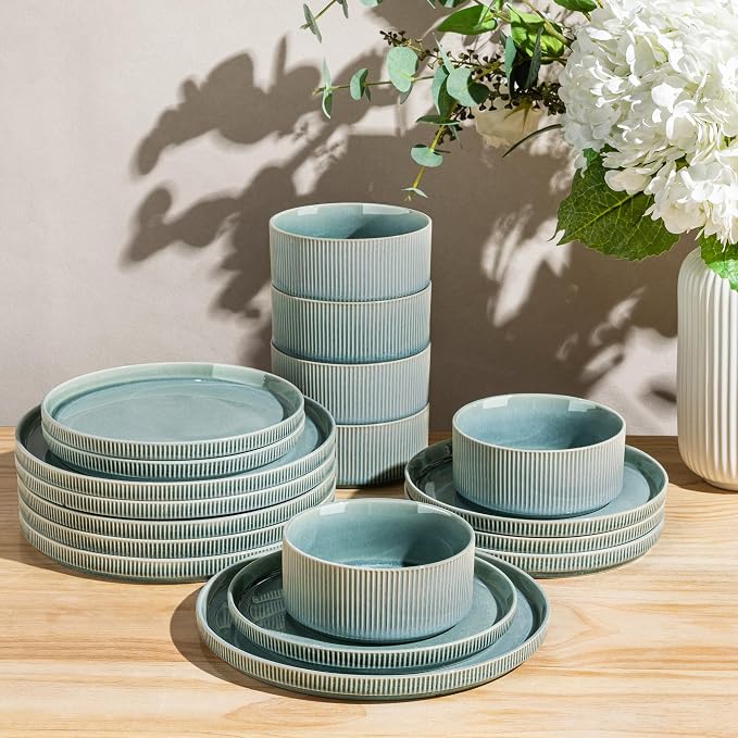 GBHOME Stoneware Dinnerware Sets for 4, 12-Piece Plates and Bowls Set | Handmade Reactive Glaze Ceramic Dish Set, Scratch Resistant, Dishwasher&Microwave Safe,Malachite Green