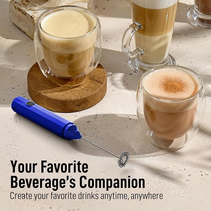 Zulay Froth N Go Milk Frother – Rechargeable 3-in-1 Handheld Frother Wand with Travel Case & USB-C Charger – Single, Double & Egg Whisk for Latte, Cappuccino, Matcha, Protein Shakes - Royal Blue