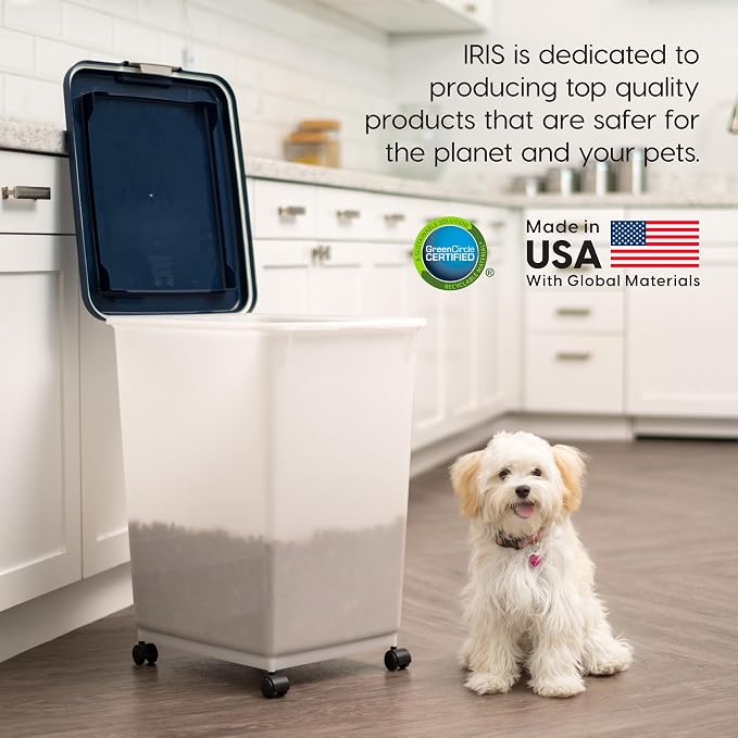 IRIS USA Dog Food Storage Container, Up to 54 lbs, Navy/Pearl, Made in USA | Wheels for Mobility, Airtight Seal, BPA-Free, Best for Bird Seed, Cat food, Cat Litter, Chicken Feed, Pellets