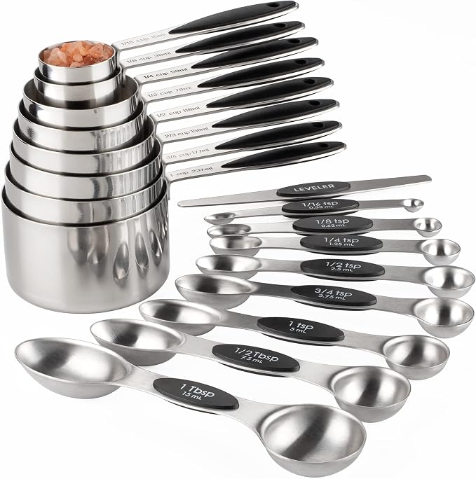 Measuring Cups and Spoons Set of 17 Double Sided Magnetic Measuring Spoons | Stainless Steel Measuring Cups Nesting Magnetic Measuring Spoons Set with 1 Leveler for Dry and Liquid Ingredients