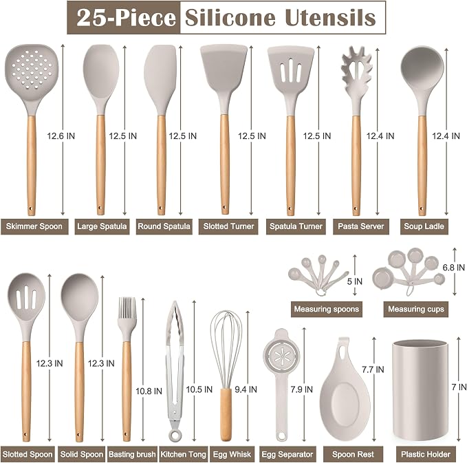 E-far Silicone Kitchen Utensils Set with Holder, 25-Piece Cooking Utensil Set with Wooden Handle for Nonstick Cookware, 446°F Heat Resistant Kitchen Tool Spatula Tong Whisk, Non-toxic & Healthy, Khaki