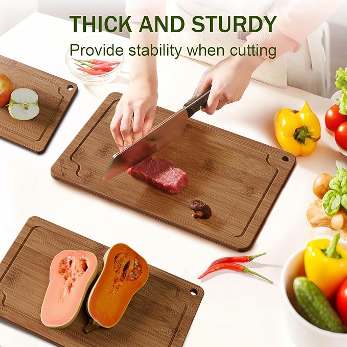 3-Piece Bamboo Cutting Board Set Serving Tray Juice GroovesHandles | Ideal for Meat Vegetables Fruit,Easy Storage & Quick Clean,Natural Wood Construction,Dual-Purpose as Serving Tray