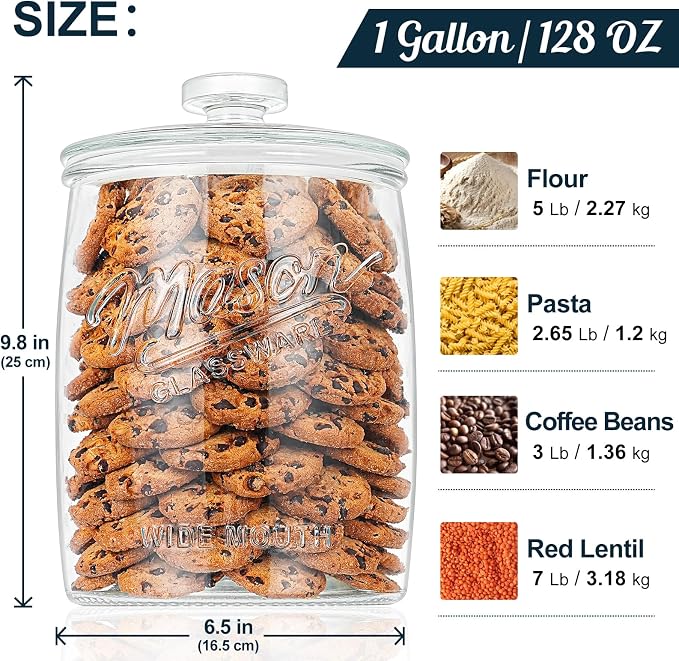1 Gallon Glass Cookie Jar, Airtight Lid & Wide Mouth Mason Jar | Large Apothecary Jar for Sugar,Candy, Rice, Flour, Dog Treat & Pantry Organization. BPA-free Glass, Leak-proof Seal, Reusable