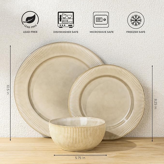GBHOME Ceramic Dinnerware Sets of 4,12 pcs Plates and Bowls Sets Dishes | Embossed Elegant Stoneware Dishes Set | Dishwasher & Microwave Safe | Service for 4