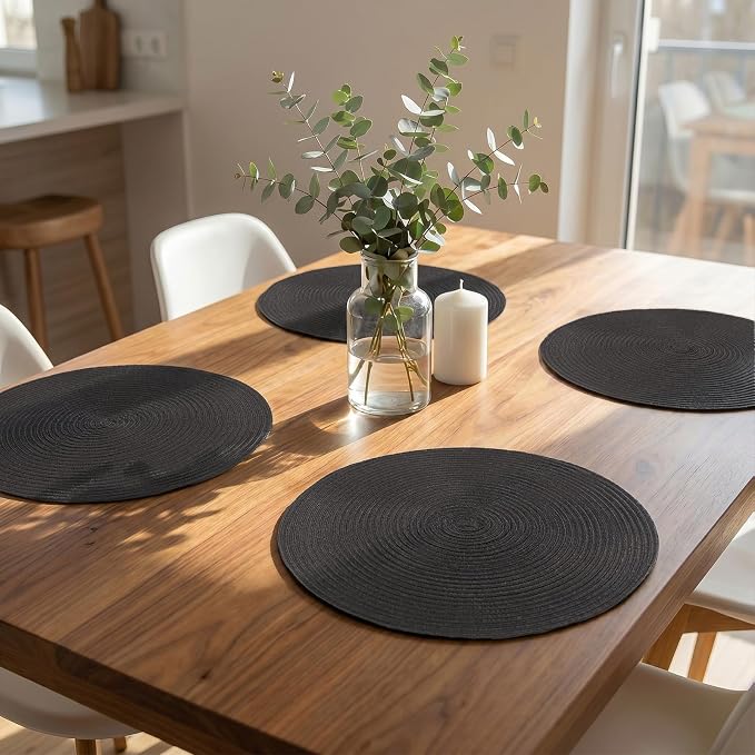 AHHFSMEI Round Braided Placemats Set of 6 Woven Table Mats for Dining Table Heat Resistant Easy to Clean Perfect for Kitchen & Home Decor (Black)