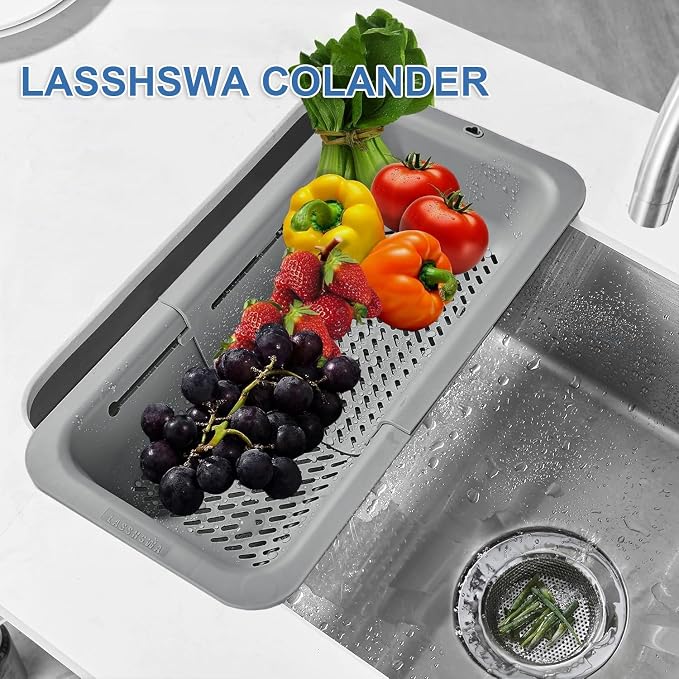 LASSHSWA Collapsible Colander for Kitchen, Over the Sink Strainer Basket for Kitchen, Fruit Pasta Food Strainer Expandable Plastic Colander BPA Free (Gray)