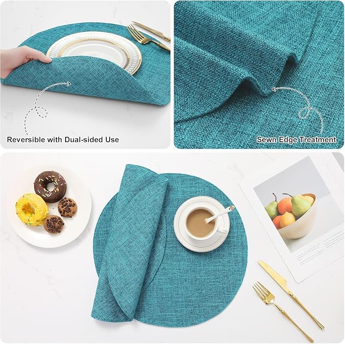 Cotton Linen 15 Inch Round Cloth Place mats, Set of 4, Teal | Washable Table Mats, Heat Resistant, Reversible, Wipeable Place Mats for Indoor Outdoor