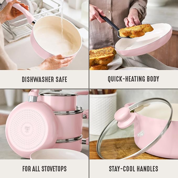 GreenLife 5QT Ceramic Nonstick Stockpot with Lid, Blush Pink | PFAS-Free Nonstick Coating, Casserole Pot, Soup Pot, Pasta Pot, Induction Ready, All Stovetop Compatible, Dishwasher Safe