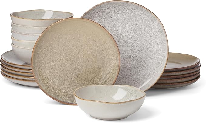 Oneida Organic Shades Oatmeal Stoneware 18-Piece Dinnerware Set for 6 | dishwasher safe | plates and bowls sets for kitchen and dining | 10.25 inch plate, dish set, dishes | 2 inch, 28oz