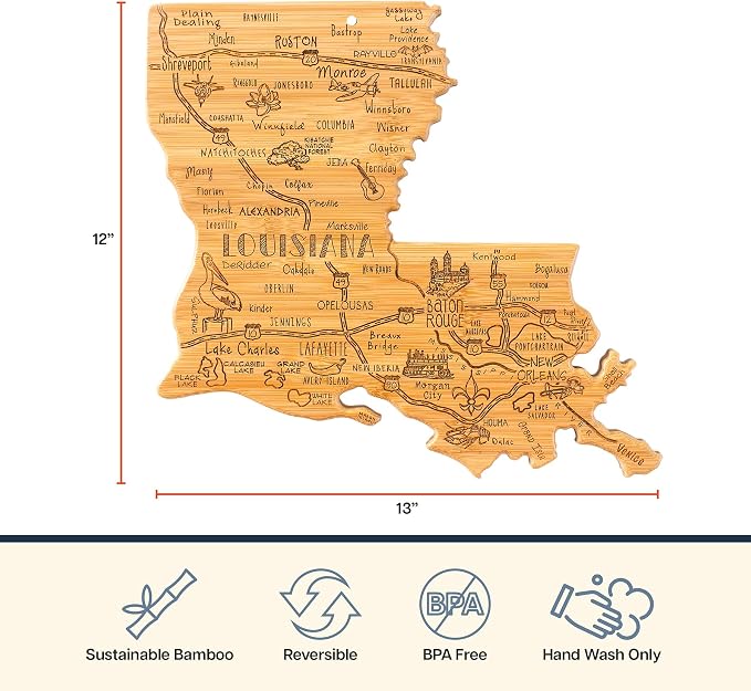 Totally Bamboo Destination Louisiana State Shaped Cutting Board | State charcuterie serving board with engraved map artwork. Smooth reverse side for food prep. Hang tie for wall display.