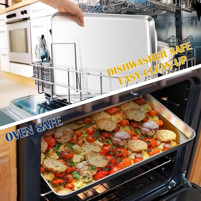 P&P CHEF Baking Sheet Pan, Stainless Steel Cookie Sheet, 17.3 Inch & 2 Pcs | Oven Tray Sheet Pan for Baking & Serving, Baking Tray for Multi Uses, Heavy Duty & Non-toxic, Rust Free & Dishwasher Safe