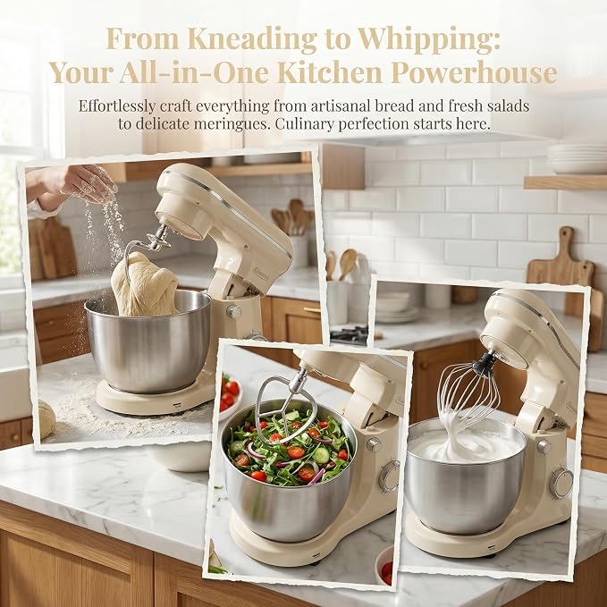 10 Speeds Stand Mixer With Bowl 6.5QT Stainless Steel, Electric Kitchen Stand Up Mixer for Baking Cakes Cookie Bread Salad Food with Egg Whisk, Dough Hook, Flat Beater - Portable Baking Mixers White