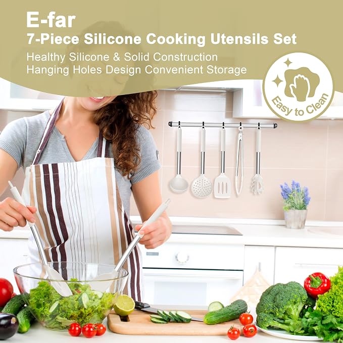 E-far Silicone Cooking Utensils Set, 7-Piece White Kitchen Utensils Set | Heat Resistant Nonstick Cookware with Stainless Steel Handle, Slotted Turner, Spoon, Soup Ladle, Pasta Server, Skimmer, Tongs