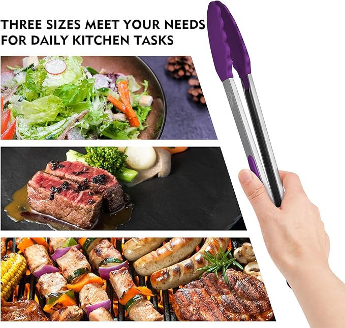 HOTEC Premium Stainless Steel Locking Kitchen Tongs with Silicon Tips, Set of 3-7", 9" and 12" (Purple)