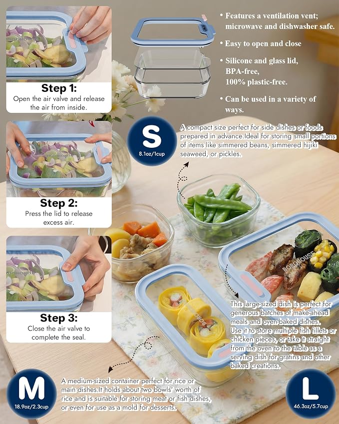 4-Pack Glass Food Storage Containers with Tempered Lids – Borosilicate, Airtight, Oven-Safe (-4°F~950°F), BPA-Free, 1Cup*2 & 2.3Cup*1 & 5.7Cup*1(Light blue)