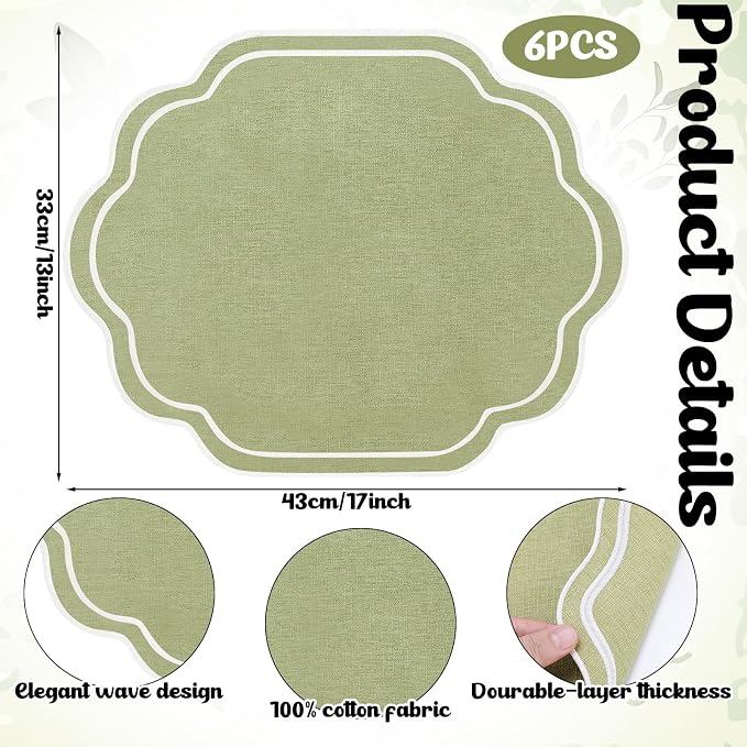 6 Pcs Sage Green Wedding Placemats Scalloped Embroidered Cotton Linen Placemats 17" x 13" Double Layered Machine Washable Table Place Mat for Party Table Decor (Cotton)