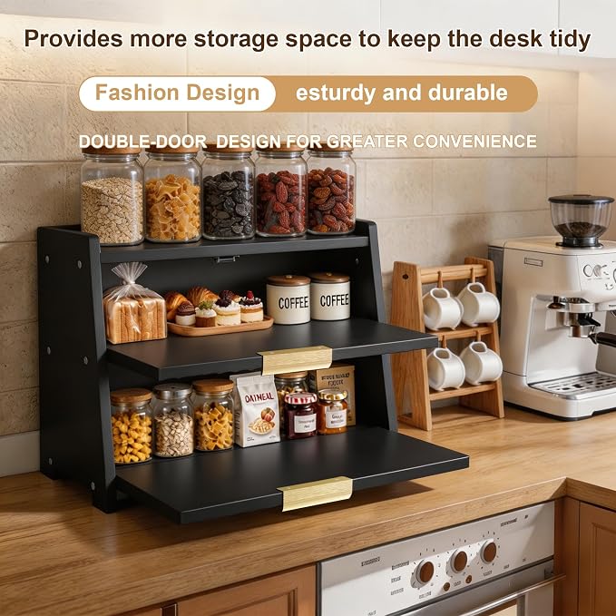 Large Bread Box for Kitchen Counter, Double Layer Wooden Bread Storage Container with Top Shelf, Countertop Organizer Cabinet for Bread, Bagels, Pastries, Coffee Station and Kitchen Essentials (Black)