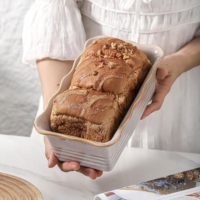 HVH Ceramic Loaf Pan for Baking Bread, Rectangular Baking Bread Loaf Pan, 9 x 5 inch Bread Pan, Bread Baking Pan for Cooking, Wave Series, Farmhouse Style (Sand Color)