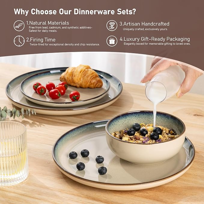 GBHOME Dinnerware Sets for 6, 18 Pieces Ceramic Plates and Bowls Set | Scratch Resistant Stoneware Dishes Set, Dishwasher & Microwave Safe, Reactive Glaze-Pale Khaki